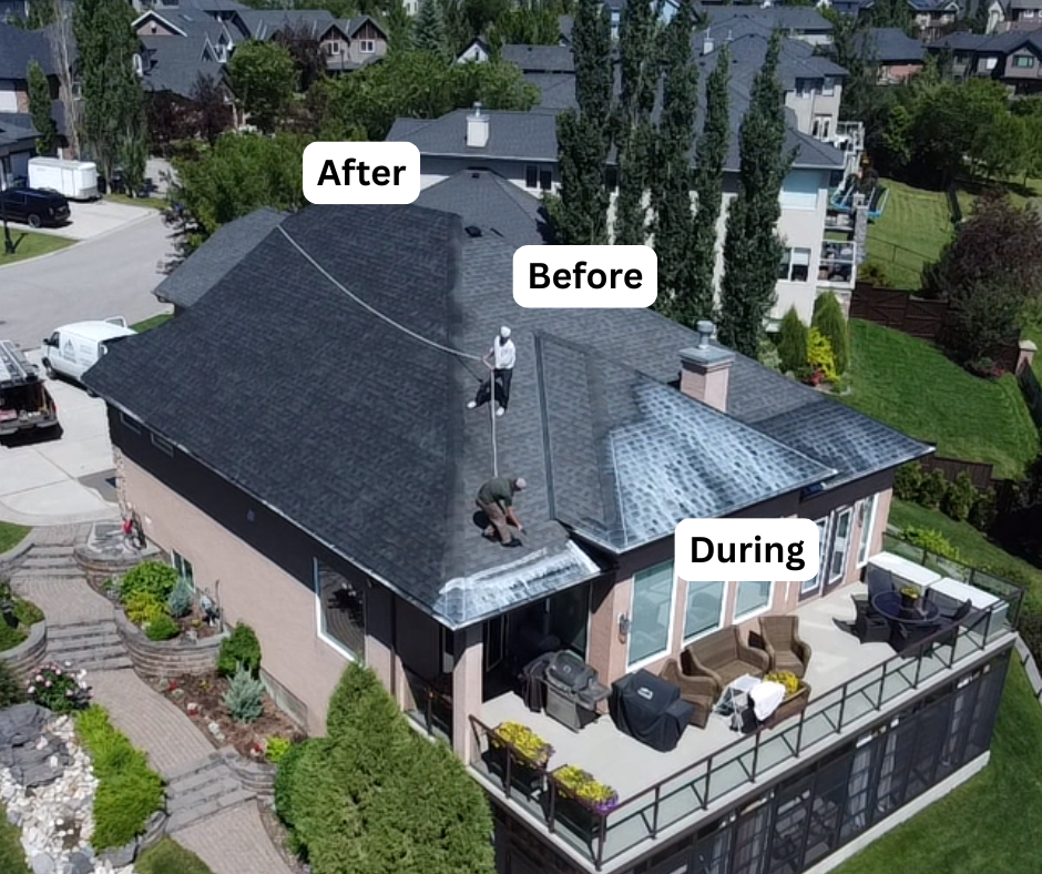Aerial view of a home mid-restoration showing After, Before and During sections of a shingle roof rejuvenation